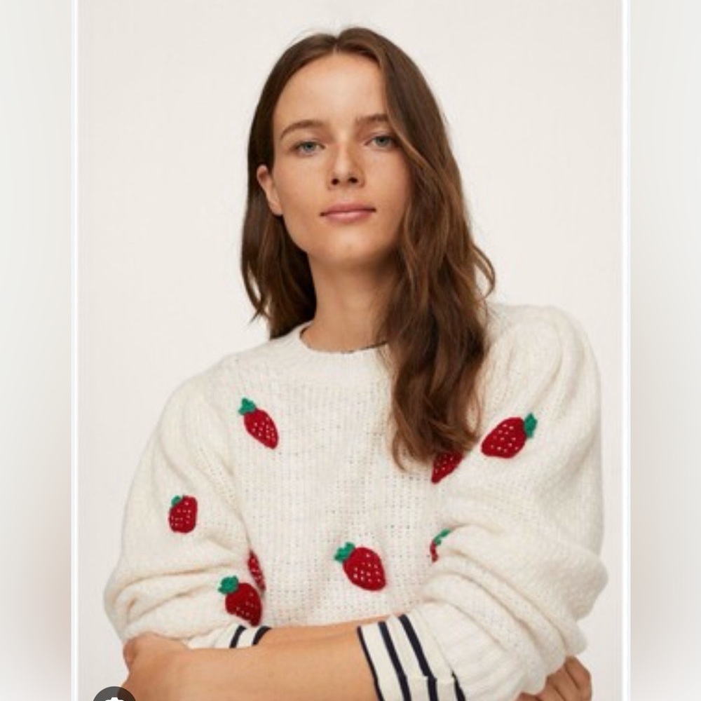 Mango Cream Sweater with Red Strawberry Accents xs